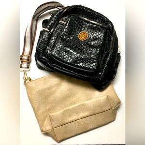 Faux Leather Backpack & Shoulder Bag Brown Cream